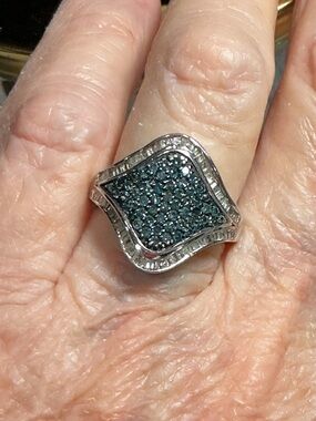 Blue and white Diamond Saddle Style Ring in Sterling Silver 6.5